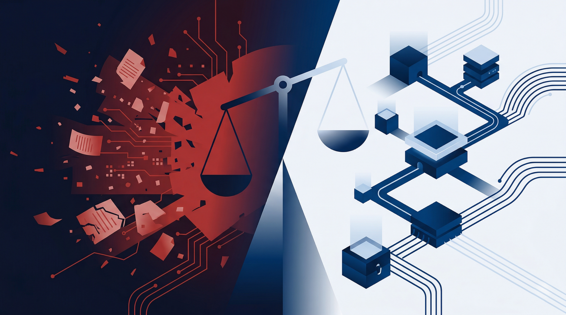Übergang von chaotisch-fragmentiertem Datenverlust in geordnete, sichere EU-Infrastruktur – Symbol für das DSGVO-Risiko durch unkontrollierte KI-Nutzung und die datenschutzkonforme Alternative